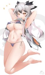 Rule 34 | 1girl, absurdres, arknights, armpits, arms behind head, arms up, artist name, bikini, black bikini, breasts, clothes in mouth, coat, feather hair, full body, gradient hair, grey hair, highres, large breasts, long hair, looking at viewer, micro bikini, mouth hold, multicolored hair, navel, open clothes, open coat, orange eyes, owl ears, pointy hair, ptilopsis (arknights), signature, simple background, sleeveless, sleeveless coat, solo, swimsuit, usagi poi, white background