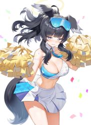 Rule 34 | 1girl, absurdres, ahoge, animal ears, bare arms, bare shoulders, black hair, blue archive, blue eyes, blush, breasts, bright pupils, cheerleader, cleavage, collar, commentary request, confetti, cowboy shot, criss-cross halter, crop top, dog ears, dog girl, dog tail, embarrassed, eyewear on head, floating hair, halterneck, hands up, hibiki (blue archive), hibiki (cheer squad) (blue archive), highres, holding, holding pom poms, large breasts, long hair, looking down, mashilemo, millennium cheerleader outfit (blue archive), miniskirt, multicolored clothes, multicolored skirt, name tag, navel, official alternate costume, parted lips, pleated skirt, pom pom (cheerleading), pom poms, raised eyebrows, sidelocks, simple background, skirt, solo, star sticker, stomach, sweat, tail, text print, thighs, twintails, white background, white collar, white pupils, white skirt, wing collar