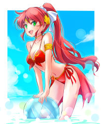 Rule 34 | 1girl, :d, armlet, ball, beach, beachball, bikini, blue sky, border, cloud, cloudy sky, commentary request, day, earrings, floating hair, forehead protector, gold choker, gold trim, green eyes, halterneck, highres, iesupa, jewelry, leaning forward, lens flare, long hair, looking at viewer, navel, open mouth, outdoors, outside border, ponytail, pyrrha nikos, red hair, rwby, side-tie bikini bottom, sky, smile, solo, stomach, swimsuit, teeth, upper teeth only, wading, white border
