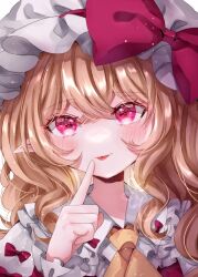 Rule 34 | 1girl, :p, blush, bow, brown hair, close-up, collared shirt, crossed bangs, fangs, finger to mouth, flandre scarlet, frilled shirt, frills, hair between eyes, hat, hat bow, jaku sono, long hair, long sleeves, looking at viewer, mob cap, parted lips, pointy ears, portrait, raised eyebrows, red bow, red eyes, shirt, sidelocks, solo, tongue, tongue out, touhou, white hat, white shirt