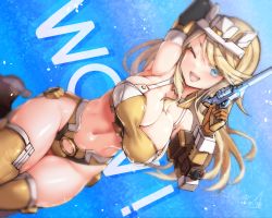 Rule 34 | 1girl, alice gear aegis, blonde hair, blue eyes, breasts, commentary request, doyouwantto, gun, handgun, holding, holding gun, holding weapon, large breasts, navel, open mouth, pistol, shirley oakley, solo, weapon