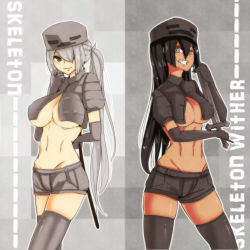 Rule 34 | 2girls, at2., black hair, black legwear, blush, bow (weapon), breasts, character name, cleavage, elbow gloves, covered erect nipples, gloves, grey eyes, grey legwear, grin, hat, large breasts, long hair, midriff, minecraft, multiple girls, navel, personification, shorts, silver hair, skeleton (minecraft), smile, standing, sword, thighhighs, twintails, underboob, weapon, wither skeleton (minecraft)