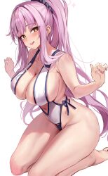 Rule 34 | 1girl, barefoot, blue archive, blush, breasts, cleavage, collarbone, commentary, curvy, halo, highres, large breasts, long hair, looking at viewer, mika (blue archive), one-piece swimsuit, open mouth, pink hair, pink halo, ponytail, simple background, sitting, smile, solo, stone (ksorede), swimsuit, teeth, thick thighs, thighs, upper teeth only, wariza, white background, white one-piece swimsuit, yellow eyes