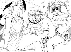 Rule 34 | 2girls, absurdres, baseball cap, bat wings, bb (baalbuddy), black collar, breasts, capcom, chewing gum, clothes writing, collar, commentary, crop top, dog, dress, english commentary, hat, highres, jewelry, large breasts, lilith aensland, long hair, midriff, monochrome, morrigan aensland, multiple girls, navel, necklace, panties, petting, shoes, short hair, short shorts, shorts, side-tie panties, small breasts, sneakers, sunglasses, underwear, vampire (game), watch, wings, wristwatch