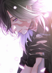 Rule 34 | 1boy, artist name, black gloves, black hair, black shirt, burn scar, collared shirt, commentary, falling petals, from side, gloves, glowing, glowing petals, gradient hair, hair between eyes, hand grab, hand on another&#039;s chest, jikkyuu mitsutada, light particles, light smile, lips, looking at viewer, male focus, medium hair, multicolored hair, necktie, out of frame, parted lips, petals, pov, purple eyes, scar, scar on face, scar on neck, shirt, signature, simple background, solo focus, touken ranbu, twitter username, upper body, white background, white hair, white necktie, wing collar, yuta (kchimuuuuu)
