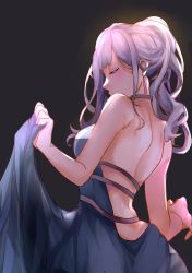 Rule 34 | 1girl, absurdres, ak-12 (girls&#039; frontline), ak-12 (quiet azure) (girls&#039; frontline), back, backless dress, backless outfit, bare arms, bare shoulders, black background, blue dress, blush, breasts, closed eyes, dress, earrings, from behind, from below, from side, girls&#039; frontline, hair up, halterneck, highres, holding, holding clothes, holding skirt, jewelry, leichi6, long hair, official alternate costume, silver hair, skirt, solo, updo