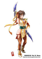 Rule 34 | 1girl, a.k-show, armpits, breasts, brown eyes, brown hair, cleavage, dagger, elbow gloves, female focus, full body, gloves, headband, hip focus, knife, large breasts, nene, sengoku musou, sengoku musou 2, short hair, smile, solo, weapon, white background, wide hips