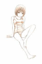 Rule 34 | 1girl, barefoot, feet, monochrome, one-piece swimsuit, original, sitting, sketch, soles, solo, swimsuit, toes, traditional media, yoshitomi akihito