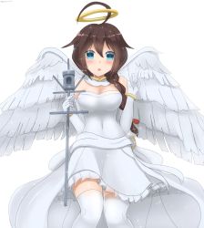 Rule 34 | 1girl, ahoge, alternate costume, angel, angel wings, bare shoulders, blue eyes, blush, braid, breasts, brown hair, check commentary, commentary, commentary request, dress, elbow gloves, gloves, hair flaps, halo, highres, kantai collection, long hair, looking at viewer, medium breasts, open mouth, redundant-cat, shigure (kancolle), shigure kai ni (kancolle), simple background, single braid, solo, standing, white background, white dress, wings