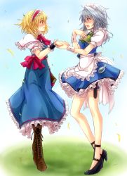 Rule 34 | 2girls, alice margatroid, ascot, blonde hair, blush, book, boots, capelet, cross-laced footwear, female focus, holding hands, highres, izayoi sakuya, knee boots, lace-up boots, legs, maid, maid headdress, mickey dunn, multiple girls, open mouth, pantyhose, petals, pocket watch, short hair, silver hair, touhou, watch, wrist cuffs, yuri