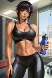 Rule 34 | 1girl, black hair, blurry, blurry background, bottle, breasts, cleavage, ear piercing, facial mark, highres, indoors, large breasts, lips, looking at viewer, medium hair, navel, original, pants, parted lips, piercing, pointy ears, sciamano240, solo, sports bra, sweat, tight clothes, tight pants, toned, valerie (sciamano240), water bottle, yellow eyes