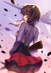 Rule 34 | 10s, 1girl, aircraft, airplane, ass, backlighting, bike shorts, bow (weapon), breasts, brown eyes, brown hair, cowboy shot, crossbow, debris, felix (felix901123), from behind, headband, headgear, kantai collection, looking at viewer, messy hair, outdoors, parted lips, pleated skirt, profile, purple sky, short hair, sideways glance, skirt, sky, small breasts, solo, taihou (kancolle), thighhighs, upskirt, weapon, wind, wind lift