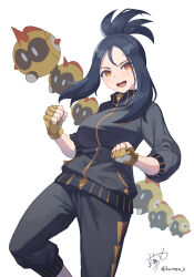 Rule 34 | 1girl, :d, black hair, black jacket, black pants, breasts, capri pants, clenched hands, commentary request, creatures (company), cross scar, dendra (pokemon), falinks, fingerless gloves, game freak, gen 8 pokemon, gloves, highres, jacket, large breasts, looking at viewer, namiura, nintendo, open mouth, pants, pokemon, pokemon (creature), pokemon sv, scar, scar on face, scar on forehead, signature, smile, teeth, tongue, upper teeth only, white background