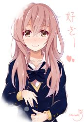 Rule 34 | 10s, 1girl, artist name, blush, brown eyes, buttons, commentary request, hair between eyes, highres, koe no katachi, light smile, long hair, long sleeves, looking at viewer, nahaki, nishimiya shouko, pink hair, school uniform, sin-poi, solo, translation request, upper body