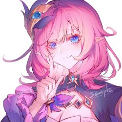 Rule 34 | 1girl, blue eyes, breasts, chinese commentary, cleavage, closed mouth, commentary request, commission, elf, elysia (honkai impact), elysia (miss pink elf) (honkai impact), hair between eyes, hair ornament, highres, honkai (series), honkai impact 3rd, large breasts, long hair, looking at viewer, pink hair, pointing, pointing up, pointy ears, sample watermark, seven60755660, simple background, smile, solo, upper body, watermark, white background