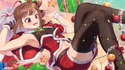 Rule 34 | 1girl, ahoge, aqua background, armpits, arms up, bauble, bell, belt, black thighhighs, blurry, blurry background, blush, bow, bowtie, box, breasts, brown hair, capelet, christmas, christmas lights, christmas ornaments, christmas stocking, commentary request, drill hair, entangled, feet out of frame, fingernails, fishnet gloves, fishnet thighhighs, fishnets, fur-trimmed capelet, fur-trimmed gloves, fur-trimmed shorts, fur trim, garter straps, gift, gift box, gloves, green bow, green bowtie, hair ornament, highres, idolmaster, idolmaster million live!, jingle bell, kamille (vcx68), leaf hair ornament, legs up, looking away, lying, medium breasts, medium hair, multicolored background, navel, neck bell, on back, open mouth, orange background, pink background, pom pom (clothes), purple eyes, red bow, red capelet, red shorts, sack, santa costume, shorts, side ponytail, sidelocks, single glove, solo, sparkle background, star (symbol), starry background, stomach, thighhighs, wrist cuffs, yokoyama nao