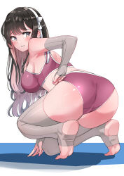 Rule 34 | 1girl, absurdres, alternate costume, artistic error, ass, black hair, breasts, colored inner hair, commentary request, detached sleeves, fingerless gloves, full body, gloves, grey sleeves, grey thighhighs, hairband, highres, kantai collection, large breasts, legs, long hair, looking back, multicolored hair, naganami (kancolle), no shoes, on one knee, osananajimi neko, panties, parted lips, pink hair, pink nails, pink panties, pink sports bra, revision, sideboob, simple background, sleeves past wrists, smile, soles, solo, sports bra, stirrup legwear, thighhighs, tiptoes, toeless legwear, toes, two-tone hair, underwear, white background, white hairband, yellow eyes