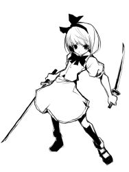 Rule 34 | 1girl, bow, bowtie, dual wielding, female focus, greyscale, hermmy, holding, katana, konpaku youmu, looking at viewer, monochrome, puffy short sleeves, puffy sleeves, reverse grip, short hair, short sleeves, simple background, skirt, solo, sword, touhou, vest, weapon, white background