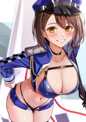 Rule 34 | 1girl, absurdres, azur lane, baltimore (azur lane), baltimore (finish line flagbearer) (azur lane), bent over, bikini, black choker, blue bikini, blue jacket, blue shorts, blush, braid, breasts, brown hair, choker, cleavage, collarbone, commentary request, cropped jacket, flag, hand on own hip, hat, highres, jacket, large breasts, looking at viewer, micro shorts, navel, official alternate costume, peaked cap, race queen, short hair, shorts, smile, solo, standing, stomach, swimsuit, teeth, yellow eyes, yoshimoto (carpsukidayo)