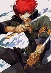Rule 34 | 1boy, arc system works, armband, clothes around waist, dual wielding, grin, hair between eyes, holding, holding sword, holding weapon, hungry clicker, jacket, jacket around waist, looking at viewer, minazuki sho, persona, persona 4, persona 4: the ultimate in mayonaka arena, persona 4: the ultimax ultra suplex hold, purple eyes, red hair, scar, school uniform, serious, short hair, simple background, smile, solo, sword, weapon