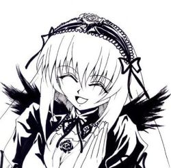 Rule 34 | 00s, 1girl, greyscale, lowres, monochrome, rozen maiden, simple background, smile, solo, suigintou, white background