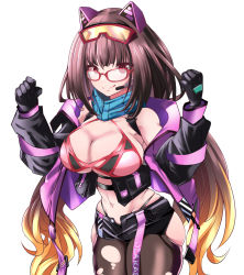 Rule 34 | 1girl, animal ears, black gloves, blonde hair, breasts, brown hair, cleavage, curvy, fake animal ears, fate/grand order, fate (series), glasses, gloves, goggles, goggles on head, gradient hair, highres, large breasts, long hair, long sleeves, looking at viewer, medium hair, microphone, multicolored hair, osakabehime (fate), osakabehime (swimsuit archer) (fate), pantyhose, red eyes, skindentation, smile, solo, swimsuit, torn clothes, torn pantyhose, very long hair, white background, wide hips, yakuoyoso