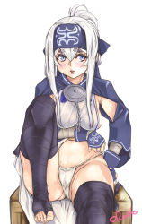 Rule 34 | 10s, 1girl, ainu, ainu clothes, bandana, black thighhighs, blue eyes, blush, breasts, cameltoe, clothing aside, commentary request, crate, cropped jacket, dress, dress aside, folded ponytail, fundoshi, headband, japanese clothes, kamoi (kancolle), kantai collection, large breasts, long hair, long sleeves, looking at viewer, navel, open mouth, ozawa reido, pursed lips, sideboob, sidelocks, simple background, sitting, sleeveless, sleeveless dress, solo, thick eyebrows, thighhighs, white background, white dress, white hair, wrist guards