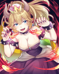 Rule 34 | 1girl, absurdres, armlet, bare shoulders, black background, black dress, black nails, blonde hair, blue eyes, bowsette, bracelet, breasts, cleavage, collar, crown, dress, earrings, fire, hair between eyes, hands up, high ponytail, highres, horns, jewelry, large breasts, leaning forward, long hair, looking at viewer, mario (series), nail polish, new super mario bros. u deluxe, nintendo, pointy ears, ponytail, sharp teeth, solo, spiked armlet, spiked bracelet, spiked collar, spikes, super crown, suprejunior, tail, teeth