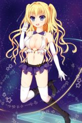 Rule 34 | blonde hair, boots, breasts, cleavage, elbow gloves, enu naitsu, gloves, sky, solo, space, star (sky), starry sky, thigh boots, thighhighs, two side up