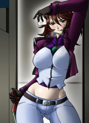 Rule 34 | 00s, 1girl, :p, blush, bottle, breasts, brown eyes, brown hair, contrapposto, curvy, covered erect nipples, glass, gloves, gundam, gundam 00, harada shoutarou, large breasts, midriff, naughty face, navel, skin tight, solo, spandex, standing, sumeragi lee noriega, tongue, tongue out