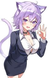 Rule 34 | 1girl, ahoge, animal ear fluff, animal ears, blush, breasts, cat ears, cat girl, cat tail, cleavage, collar, collarbone, collared shirt, highres, hololive, looking at viewer, nekomata okayu, orobou, purple eyes, purple hair, secretary, shirt, skirt, solo, tail, virtual youtuber, white background