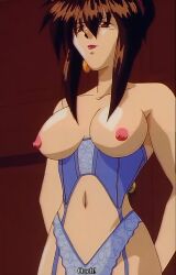 Rule 34 | 1990s (style), 1girl, amy to yobanaide, breasts, breasts out, brown eyes, brown hair, earrings, garter straps, highres, jewelry, kyoko (amy to yobanaide), large breasts, lingerie, lipstick, makeup, mature female, nipples, nude, retro artstyle, screencap, stitched, third-party edit, underwear