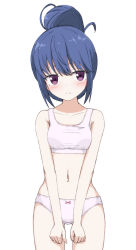 Rule 34 | 1girl, bare arms, bare shoulders, blue hair, blush, bow, bow panties, bra, breasts, closed mouth, collarbone, gluteal fold, hair bun, head tilt, highres, navel, panties, pink bra, pink panties, purple eyes, shima rin, simple background, single hair bun, small breasts, solo, takasuma hiro, underwear, underwear only, white background, yurucamp