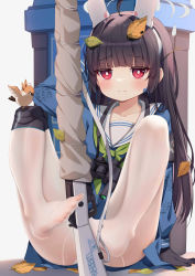 Rule 34 | 1girl, absurdres, ahoge, arm behind head, arm up, binoculars, black hair, blouse, blue archive, blue serafuku, blue shirt, blue skirt, blush, bolt action, branch, closed mouth, collarbone, commentary request, green neckerchief, grey background, gun, halo, headgear, highres, ikazu401, knee pads, knees up, leaf, leaf on head, long hair, long sleeves, looking at viewer, miyu (blue archive), mosin-nagant, neckerchief, no shoes, panties, panties under pantyhose, pantyhose, pleated skirt, red eyes, rifle, sailor collar, school uniform, see-through, serafuku, shirt, simple background, single knee pad, sitting, skirt, solo, trash can, underwear, very long hair, weapon, white pantyhose, white sailor collar