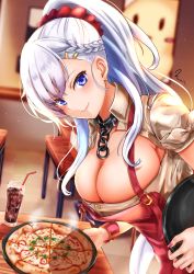 Rule 34 | 1girl, apron, azur lane, beige shirt, belfast (azur lane), belfast (piping-hot perfection) (azur lane), blue eyes, blurry, blurry background, blush, braid, breasts, broken, broken chain, chain, chair, cleavage, closed mouth, cola, collar, collarbone, collared shirt, commentary request, cup, drinking glass, drinking straw, earrings, food, french braid, hair between eyes, hair ornament, hair scrunchie, hairclip, highres, holding, holding tray, indoors, jewelry, large breasts, leaning forward, long hair, looking at viewer, low neckline, nail polish, noir2more, pizza, ponytail, poster (object), red apron, red nails, red scrunchie, scrunchie, shirt, short sleeves, sidelocks, signature, smile, solo, standing, steam, strap slip, table, tray, upper body, white hair, wrist cuffs