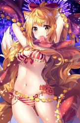 Rule 34 | 1girl, aerial fireworks, animal ears, arms up, artist name, bikini, bikini bottom only, blush, breasts, brown eyes, brown hair, closed mouth, collarbone, commentary, dancer, english commentary, fireworks, flower, fox ears, fox girl, fox tail, gold trim, groin, highres, kitsune, kyuubi, long hair, looking at viewer, medium breasts, mouth hold, multiple tails, navel, night, night sky, original, red flower, see-through, sidelocks, sky, smile, solo, squchan, striped bikini, striped bikini bottom, striped clothes, summer, swimsuit, tail, vertical-striped bikini top, very long hair, watermark, web address