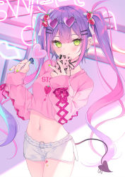 Rule 34 | 1girl, :q, alternate costume, banned artist, black tail, blush, candy, cellphone, cowboy shot, crop top, demon tail, ear piercing, eyewear on head, food, food-themed hair ornament, green eyes, green nails, hair between eyes, hair ornament, hairclip, hands up, heart, heart-shaped eyewear, heart-shaped lollipop, highres, holding, holding candy, holding food, holding lollipop, holding phone, hololive, lollipop, long hair, looking at viewer, midriff, multicolored hair, multicolored nails, nail polish, navel, navel piercing, neon lights, official art, phone, piercing, pink crop top, pink hair, pink nails, pink shirt, pointy ears, purple hair, rurudo, shaped lollipop, shirt, short shorts, shorts, sleeves past wrists, smartphone, solo, standing, strawberry hair ornament, streaked hair, sunglasses, tail, tail ornament, tail piercing, tokoyami towa, tongue, tongue out, twintails, very long hair, virtual youtuber, wavy hair, white shorts