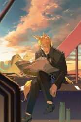 Rule 34 | 1boy, animal ear fluff, animal ears, arknights, artist name, belt, black bow, black footwear, black jacket, black pants, blue shirt, blue sky, blurry, blurry foreground, bow, chinese commentary, closed eyes, cloud, commentary request, gauntlets, gradient sky, highres, holding, holding newspaper, horse boy, horse ears, horse tail, industrial pipe, jacket, knee up, looking at viewer, male focus, mlynar (arknights), newspaper, outdoors, pants, reading, shirt, single gauntlet, sitting, sky, solo, tail, yingzi
