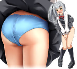 Rule 34 | 1girl, absurdres, ass, ass focus, black footwear, black ribbon, black socks, blue panties, blush, collared shirt, commentary request, covering privates, covering crotch, dress, dress shirt, from behind, full body, grey hair, hair ribbon, highres, kantai collection, kasumi (kancolle), loafers, long hair, long sleeves, looking at viewer, mtu virus, multiple views, neck ribbon, nose blush, open mouth, panties, pinafore dress, red ribbon, ribbon, round teeth, shirt, shoes, side ponytail, simple background, sleeveless, sleeveless dress, socks, teeth, underwear, upper teeth only, v arms, white background, white shirt, yellow eyes, zanntetu