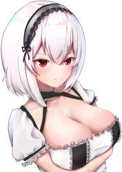 Rule 34 | 1girl, absurdres, azur lane, blush, breasts, cleavage, closed mouth, crossed arms, hairband, highres, large breasts, lim (ramu), looking at viewer, maid, medium hair, red eyes, silver hair, sirius (azur lane), smile, solo, white background