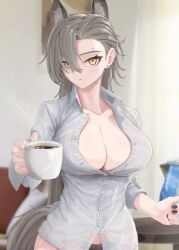 Rule 34 | 1girl, absurdres, animal ear fluff, animal ears, arknights, black nails, black panties, breasts, cleavage, commentary, cup, earrings, grey hair, grey shirt, hair between eyes, highres, holding, holding cup, jewelry, large breasts, mildt, mole, mole on forehead, mug, nail polish, naked shirt, panties, penance (arknights), shirt, solo, underwear, upper body, wolf ears