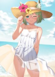 Rule 34 | 1girl, absurdres, animal ear fluff, animal ears, beach, blue sky, cloud, collarbone, commentary request, day, dress, flower, fox ears, glasses, green eyes, green hair, hand up, hat, hat flower, hibiscus, highres, lips, ocean, one eye closed, outdoors, parted lips, red-framed eyewear, red flower, saruchitan, second-party source, semi-rimless eyewear, short hair, sky, sleeveless, sleeveless dress, smile, solo, standing, sun hat, sundress, under-rim eyewear, vrchat, white dress, yellow flower, yuyake hino