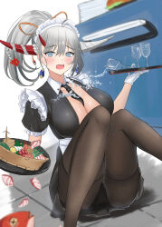 Rule 34 | 1girl, :o, @ @, absurdres, accident, alternate costume, alternate hair length, alternate hairstyle, apron, azur lane, black dress, black necktie, blue eyes, blush, breasts, collared dress, commentary request, cup, dragon girl, dragon horns, dress, drinking glass, earrings, embarrassed, enmaided, fallen down, fang, feet out of frame, frilled sleeves, frills, gloves, hair between eyes, hakuryuu (azur lane), hakuryuu (slice dice and serve) (azur lane), hand up, highres, horn ornament, horns, indoors, jewelry, knees together feet apart, large breasts, legs, long hair, looking at viewer, maid, maid headdress, mole, mole on breast, necktie, on floor, panties, panties under pantyhose, pantyhose, ponytail, short sleeves, sitting, solo, soul (dp11), spilling, splashing, surprised, underwear, upskirt, waist apron, white apron, white gloves, white hair