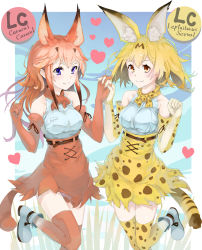 Rule 34 | &gt;:), 10s, 2girls, animal ears, bad id, bad pixiv id, bare shoulders, belt, blonde hair, blush, boots, breasts, brown eyes, caracal (kemono friends), character name, elbow gloves, fang, fang out, gloves, grass, holding hands, heart, high-waist skirt, interlocked fingers, kemono friends, latin text, leg up, medium breasts, multiple girls, nyuu (niutohi), purple eyes, red hair, serval (kemono friends), serval print, serval tail, shirt, skirt, sleeveless, sleeveless shirt, smile, standing, standing on one leg, striped tail, tail, thighhighs, tray, v-shaped eyebrows, white footwear, white shirt