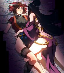 Rule 34 | 10s, 2girls, absurdres, ass, back, black hair, breasts, fuuun ishin dai shogun, highres, houkouin, large breasts, long hair, lying, multiple girls, stitched, third-party edit, yuri