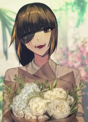 Rule 34 | 1girl, brown eyes, brown hair, eyepatch, floral background, flower, girls&#039; frontline, highres, holding, holding flower, long hair, looking at viewer, m16a1 (girls&#039; frontline), open mouth, scar, shirt, smile, xanax025, yellow shirt