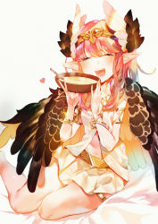 Rule 34 | 1girl, :d, ^ ^, absurdres, bad id, bad pixiv id, bangle, bed sheet, blush, bowl, bracelet, brown wings, circe (fate), circlet, closed eyes, commentary request, facing viewer, fate/grand order, fate (series), feathered wings, food, grey background, hair between eyes, hands up, head tilt, head wings, highres, holding, holding bowl, jewelry, long hair, mao ge, navel, open mouth, pink hair, pleated skirt, pointy ears, simple background, sitting, skirt, sleeveless, smile, solo, white skirt, white wings, wings, yokozuwari