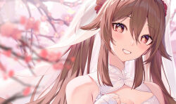 Rule 34 | 1girl, absurdres, alternate costume, bare shoulders, blurry, branch, breasts, bridal veil, brown hair, cleavage, cleavage cutout, clothing cutout, depth of field, dress, flower-shaped pupils, genshin impact, grin, hair between eyes, hand on own chest, highres, hu tao (genshin impact), long hair, long sleeves, looking at viewer, medium breasts, red eyes, sidelocks, sleeveless, smile, snozaki, solo, symbol-shaped pupils, twintails, upper body, veil, wedding dress