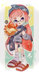 Rule 34 | 1girl, bag, black bag, blue hairband, border, bread, commentary request, crab, egg, fangs, food, full body, green background, grey sweater, hairband, highres, holding, holding food, inkling, inkling girl, inkling player character, long hair, multicolored background, nintendo, open mouth, pointy ears, purple eyes, red footwear, red hair, shorts, shoulder bag, shrimp, shrimp tempura, slippers, socks, solo, splatoon (series), splatoon 3, sweater, tempura, tentacle hair, two-tone background, una ku 277, white border, white socks, yellow background