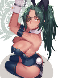 Rule 34 | 1girl, alternate costume, alternate hairstyle, animal ears, aqua hair, armband, arms up, ass, back, bdsm, black footwear, blue thighhighs, blush, bondage, bound, bound wrists, breasts, brown eyes, chain, cleavage, cuffs, dark-skinned female, dark skin, date masamune (sengoku collection), detached collar, eyepatch, fake animal ears, female focus, gloves, green hair, handcuffs, high heels, large breasts, leotard, long hair, looking at viewer, necktie, orange eyes, playboy bunny, ponytail, rabbit ears, rabbit tail, seiza, sengoku collection, shoes, sideboob, sitting, solo, strapless, sweatdrop, tail, tenchisouha, thighhighs, white gloves, wrist cuffs